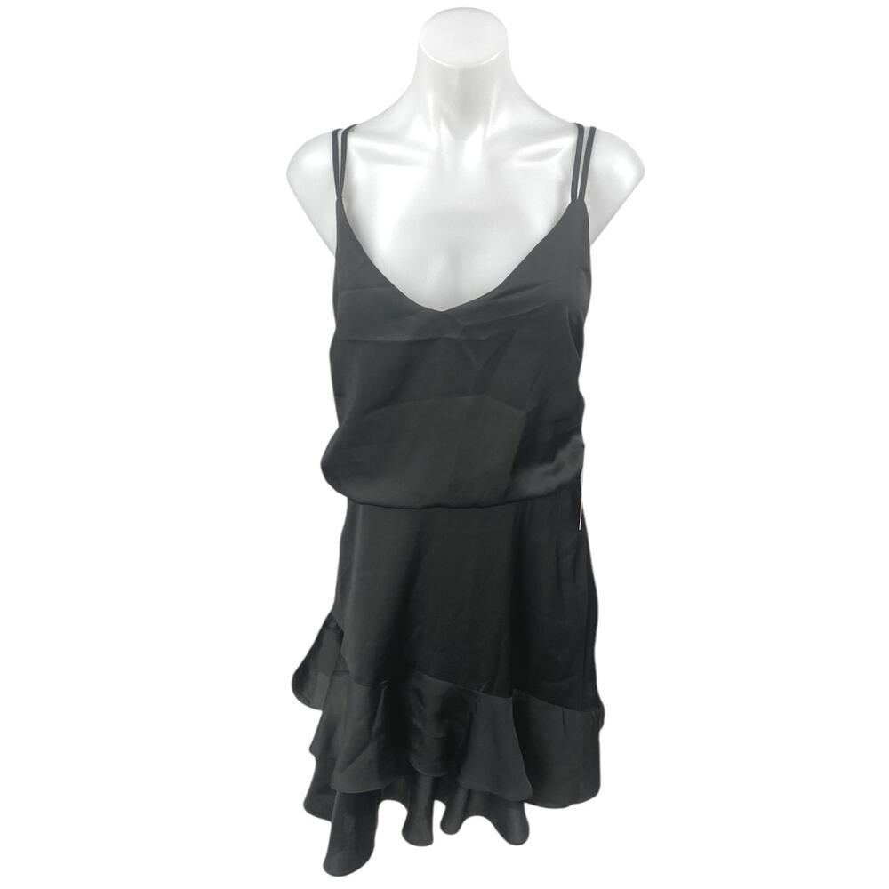NEW Lulus Black Silky Satin Sleeveless Ruffle Cami Camisole Mini Tank Dress Sz L